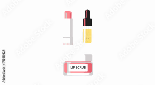 Essential Lip Care Beauty Products Scrub Balm and Oil Dropper Illustration.