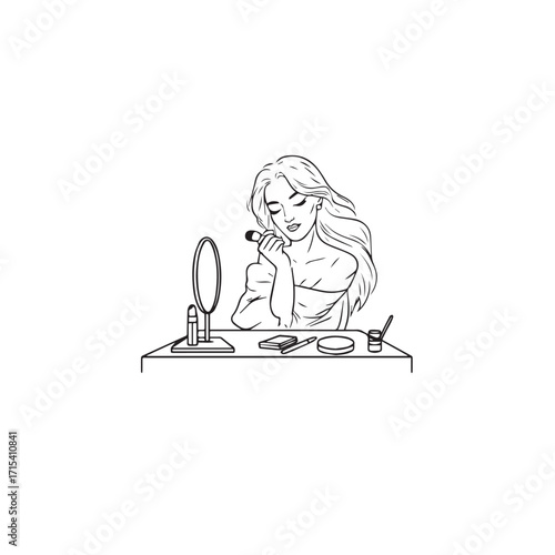 Black and white line art of a beautiful woman doing makeup at dressing table with mirror illustration