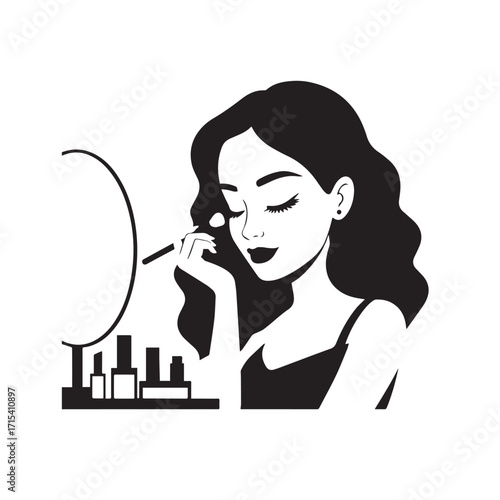 Black and white line art of a beautiful woman doing makeup at dressing table with mirror illustration