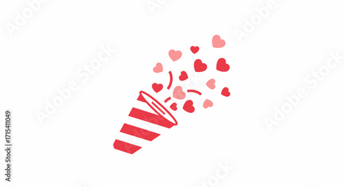 Red and pink heart confetti exploding from a striped popper.