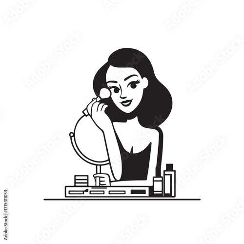 Black and white line art of a beautiful woman doing makeup at dressing table with mirror illustration