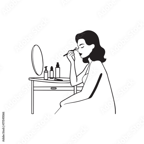 Black and white line art of a beautiful woman doing makeup at dressing table with mirror illustration