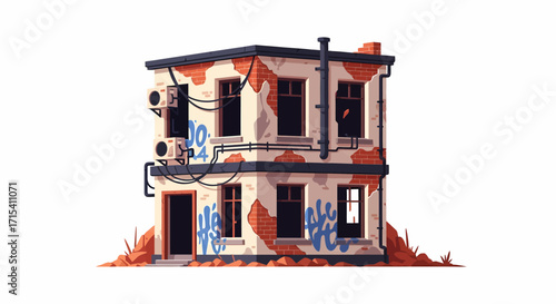 Cartoon style dilapidated twostory building with exposed brick graffiti and air conditioners.