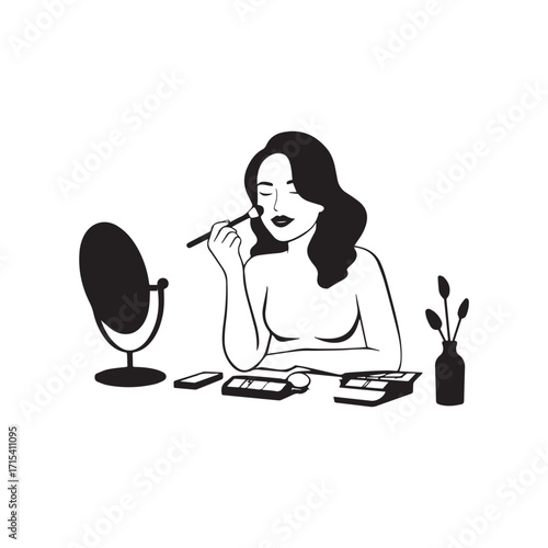 Black and white line art of a beautiful woman doing makeup at dressing table with mirror illustration