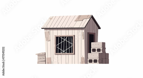 Simple Wooden Shed with Barred Window and Bricks.