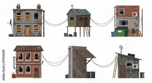 Vector set of dilapidated urban buildings shacks and poor housing structures featuring broken windows boarded doors and worn materials.