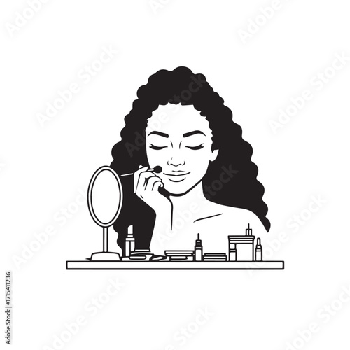 Black and white line art of a beautiful woman doing makeup at dressing table with mirror illustration