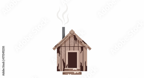Rustic wooden cabin with smoking chimney simple house illustration.