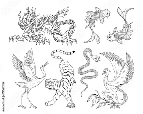 Set of Traditional Chinese Mythical and Symbolic Animals - Line Art Vector Illustration
