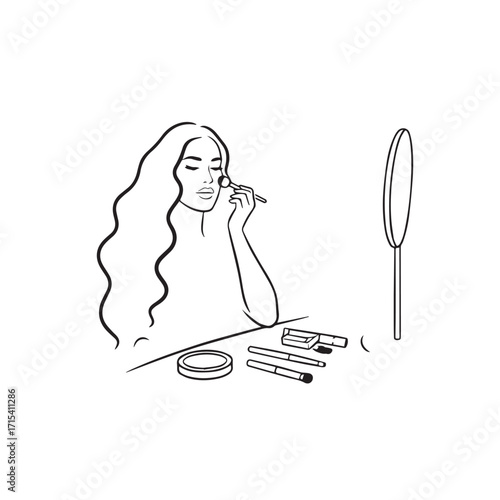 Black and white line art of a beautiful woman doing makeup at dressing table with mirror illustration