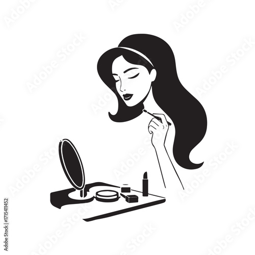 Black and white line art of a beautiful woman doing makeup at dressing table with mirror illustration