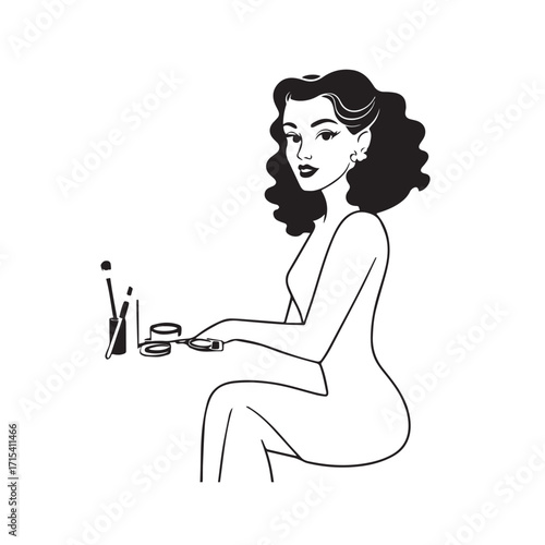 Black and white line art of a beautiful woman doing makeup at dressing table with mirror illustration