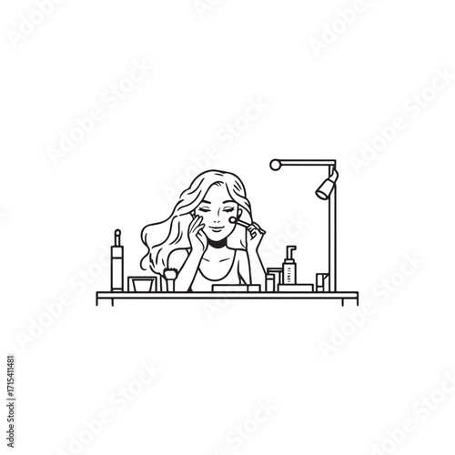 Black and white line art of a beautiful woman doing makeup at dressing table with mirror illustration