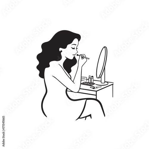 Black and white line art of a beautiful woman doing makeup at dressing table with mirror illustration