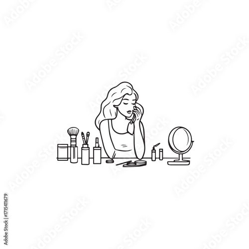 Black and white line art of a beautiful woman doing makeup at dressing table with mirror illustration