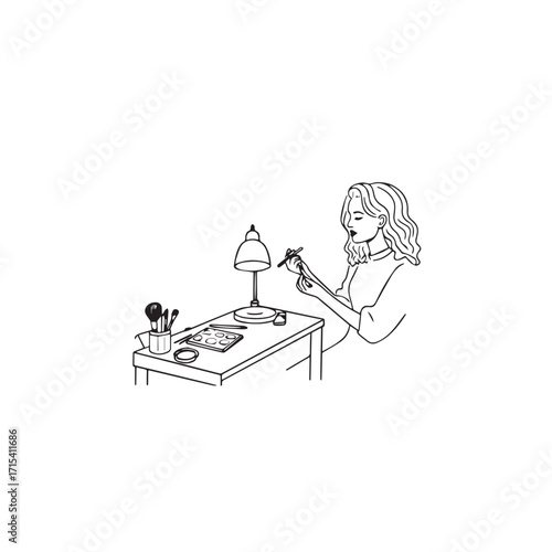 Black and white line art of a beautiful woman doing makeup at dressing table with mirror illustration