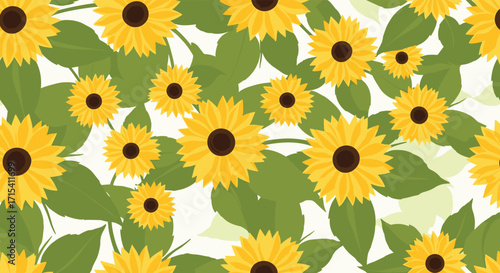 A vibrant and cheerful pattern featuring numerous blooming sunflowers with lush green leaves scattered across a soft cream background creating a joyful natural scene.