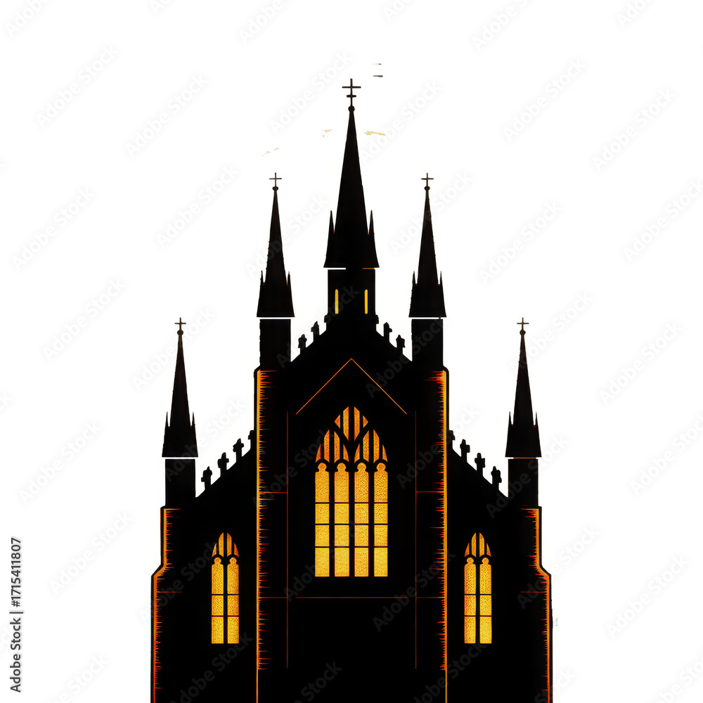 Fototapeta premium Gothic Architecture Silhouette with Illuminated Windows Against a Checkered Backdrop Illustration