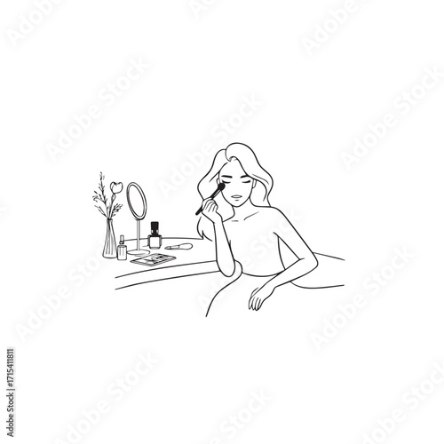 Black and white line art of a beautiful woman doing makeup at dressing table with mirror illustration