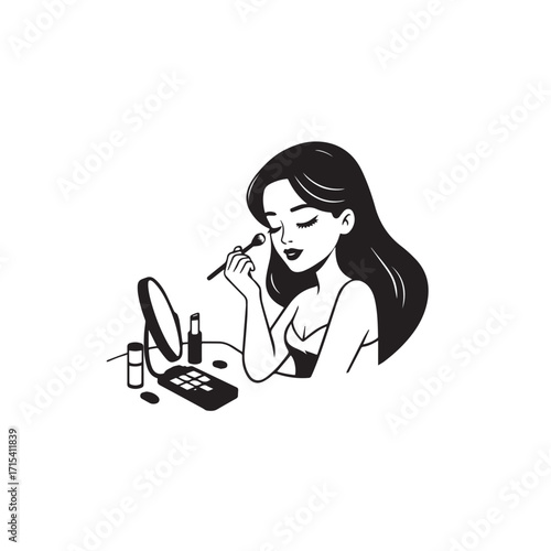 Black and white line art of a beautiful woman doing makeup at dressing table with mirror illustration
