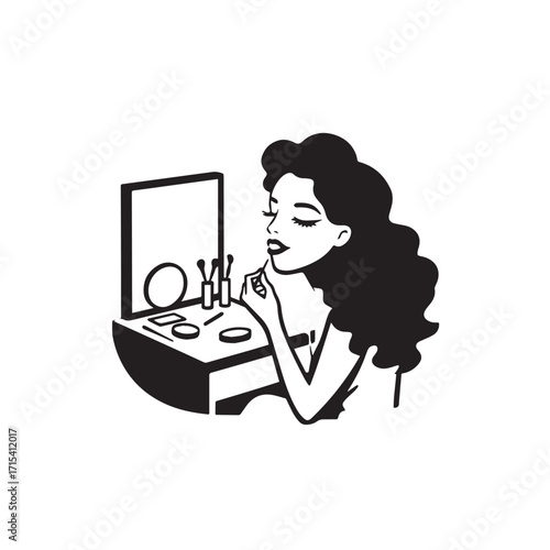 Black and white line art of a beautiful woman doing makeup at dressing table with mirror illustration