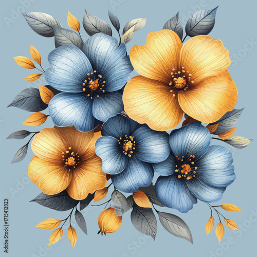Wallpaper Mural Colorful Yellow and Blue Flowers Watercolor Vector Illustration for Fashion Print	 Torontodigital.ca