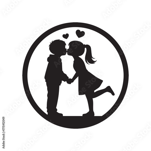 A black silhouette illustration of a boy and a girl holding hands and leaning in as if about to kiss. 