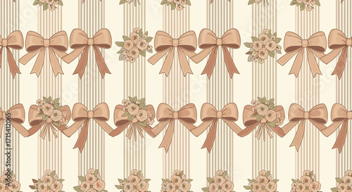 Charming vintage seamless pattern with dainty floral bouquets and elegant satin bows on a striped background.