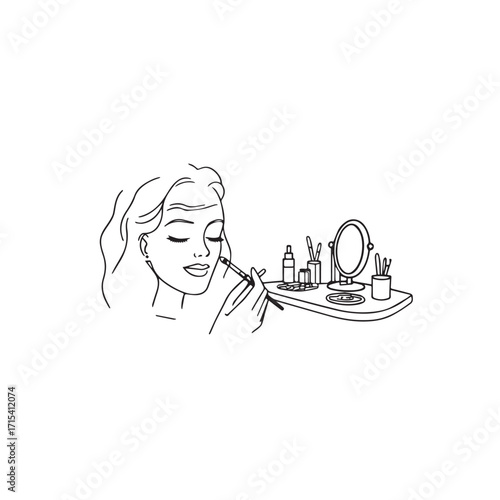 Black and white line art of a beautiful woman doing makeup at dressing table with mirror illustration