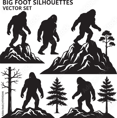 Bigfoot silhouettes mountain forest set silhouette
