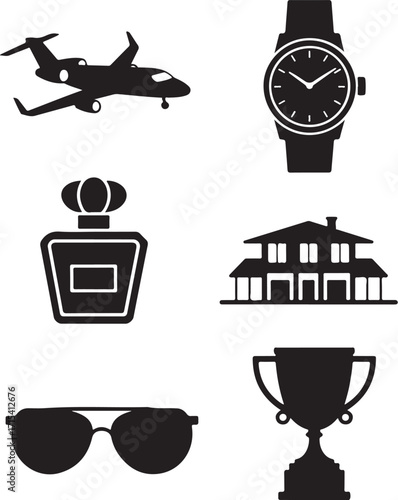 Luxury lifestyle icons: jet, watch, house, trophy, perfume