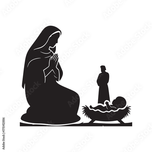 A serene nativity silhouette with Mary, Joseph, and baby Jesus in manger.