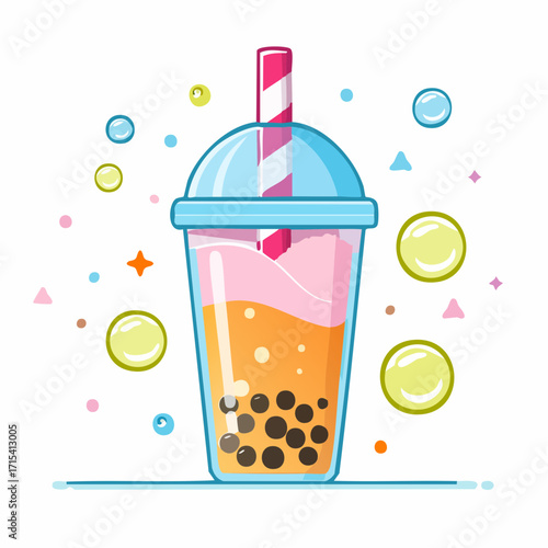 Cute bubble tea or boba tea in plastic cup with straw illustration