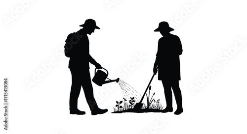 Two gardeners tending to a small garden with tools and water