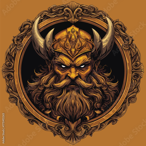 Dark Yellow Beast Head Portrait Mythology Illustration in Round Frame Design	