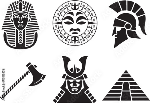 Ancient warrior icons Pharaoh Samurai Spartan Mayan pyramid axe