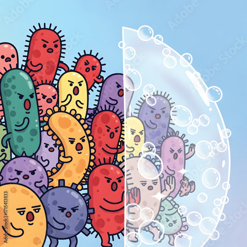 A vibrant illustration depicting a group of angry, cartoonish bacteria being contained and neutralized by a protective bubble of soap and water.