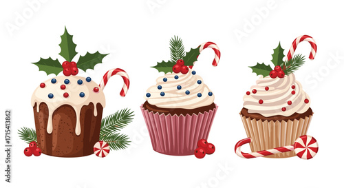 Festive holiday cupcakes with icing berries and candy cane decorations for Christmas celebrations.