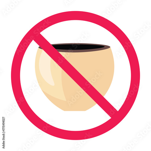No plant pot sign, forbidden flower pot sign, flower planter prohibited symbol, do not use plant container symbol, red crossed circle icon, flat vector illustration