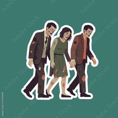 Stylized graphic illustration of three undead zombies shambling forward, perfect for horror-themed designs and spooky Halloween content
