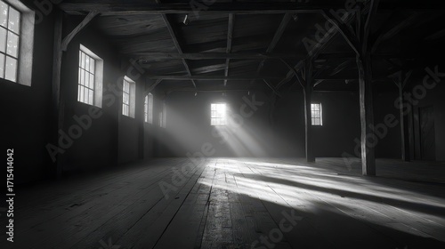 Light Streams Through Abandoned Warehouse Windows in Black and White.