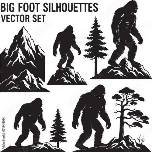 Big foot silhouettes mountain tree set silhouette