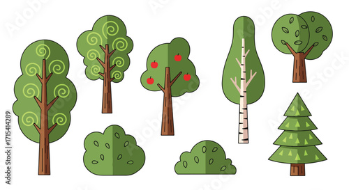 Cartoon illustration of simple tree icons in different styles, flat vector design for education, children, and environmental projects.