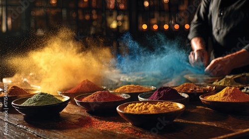 Colorful Spices Display On Wooden Table