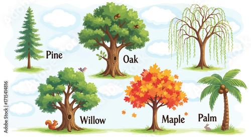 Colorful educational illustration of different tree species labeled with names such as pine, oak, willow, maple, and palm for learning.