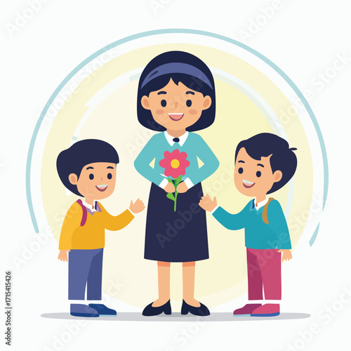 Happy Teacher's Day celebration with a smiling teacher receiving flowers from two young students, symbolizing gratitude and appreciation for educators