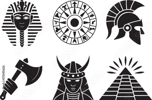 Ancient symbols: Pharaoh, warrior, pyramid, axe, calendar