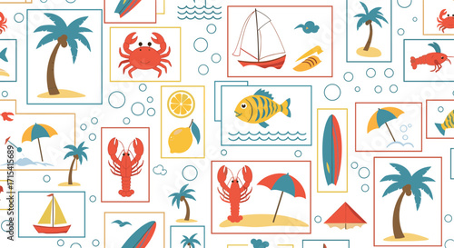 A vibrant summer beach scene with palm trees sailboats and marine life patterns.