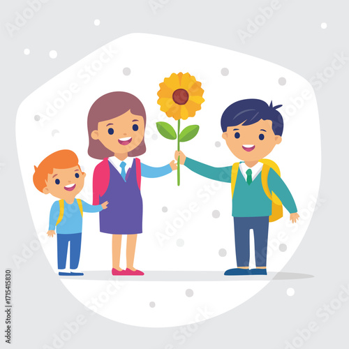 Kids with a flower celebrating friendship in school, a symbol of appreciation and joy