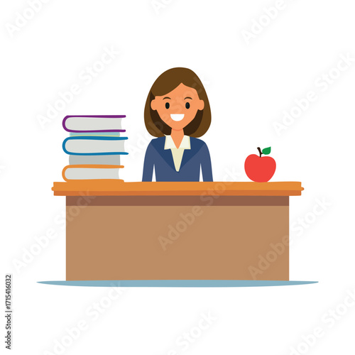 Professional and approachable female teacher or professor sitting at her school desk with educational books and a fresh apple, ready to inspire students in a classroom setting